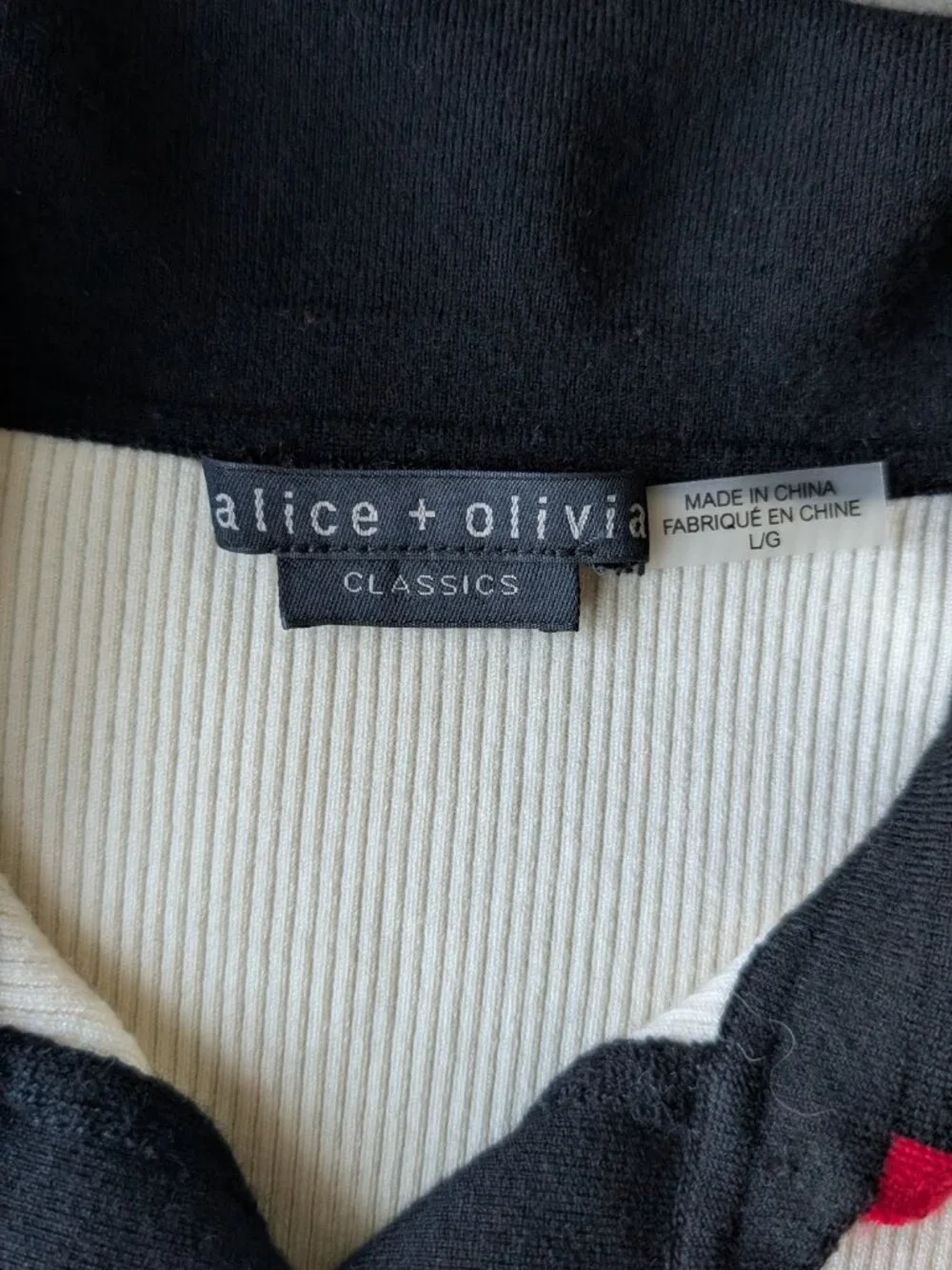 Alice + Olivia Pia Ribbed Polo Shirt Black White Red Knit Collared Wool Sweater